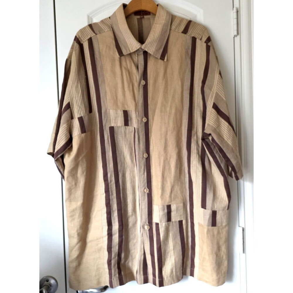 Prestige 2XL Linen Abstract Patchwork Stripe Shirt Brown Beige Button Up